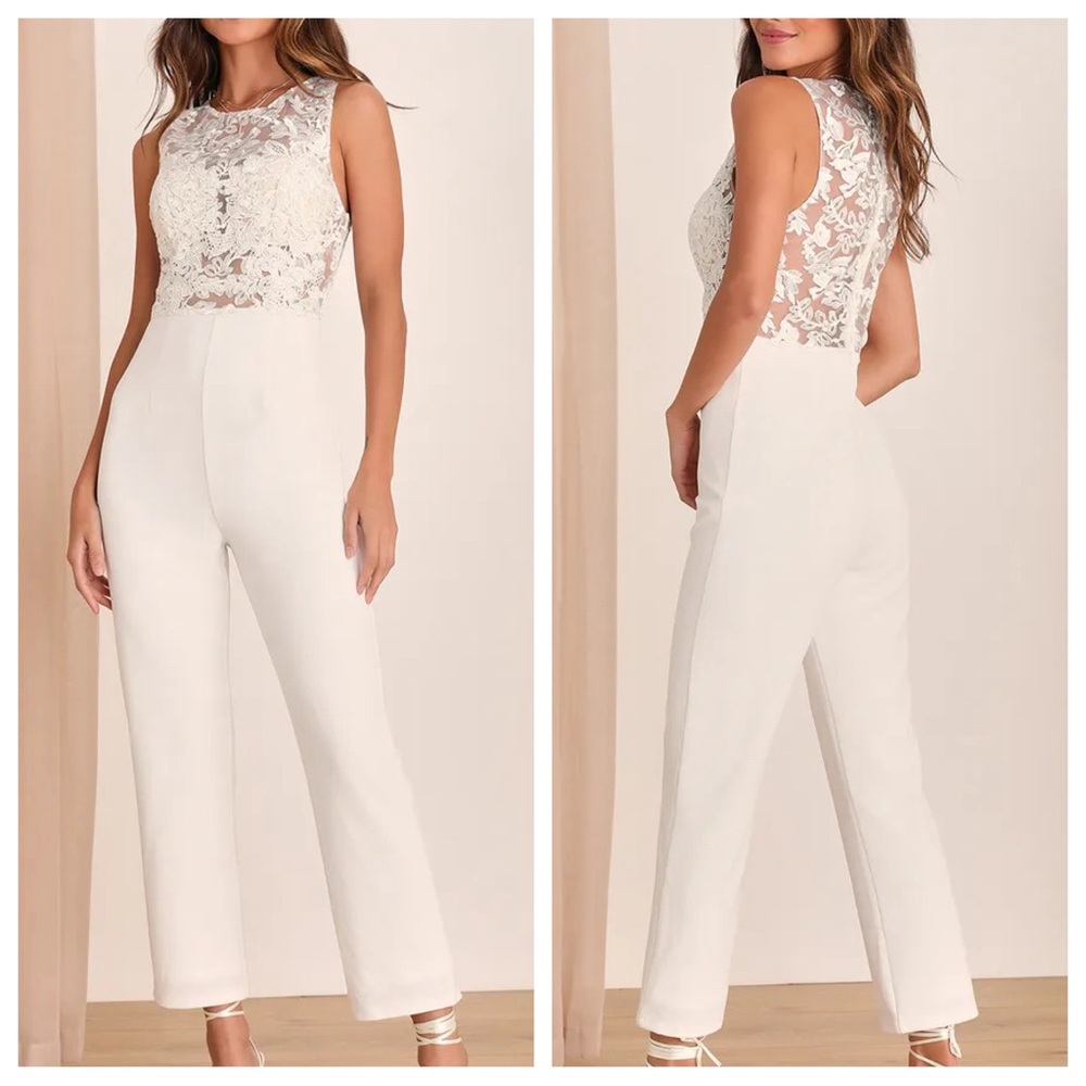 Lulu’s Alluring Amour White Lace Jumpsuit XS